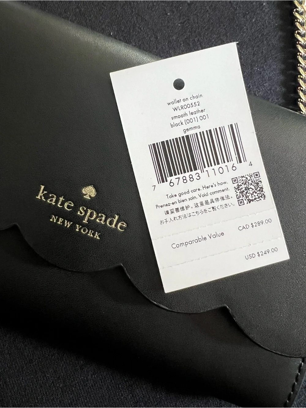 kate spade Gemma Black Leather Scalloped Crossbody Wallet on a Gold Chain NEW
